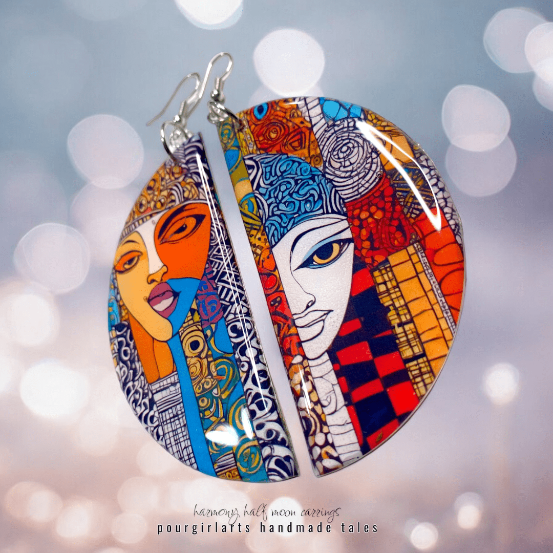 Colorful earrings with artistic designs on a blurred background