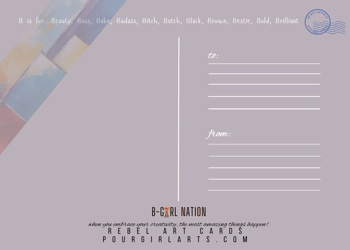 Back of postcard with 'B is for' text and 'Rebel Art Cards' branding.