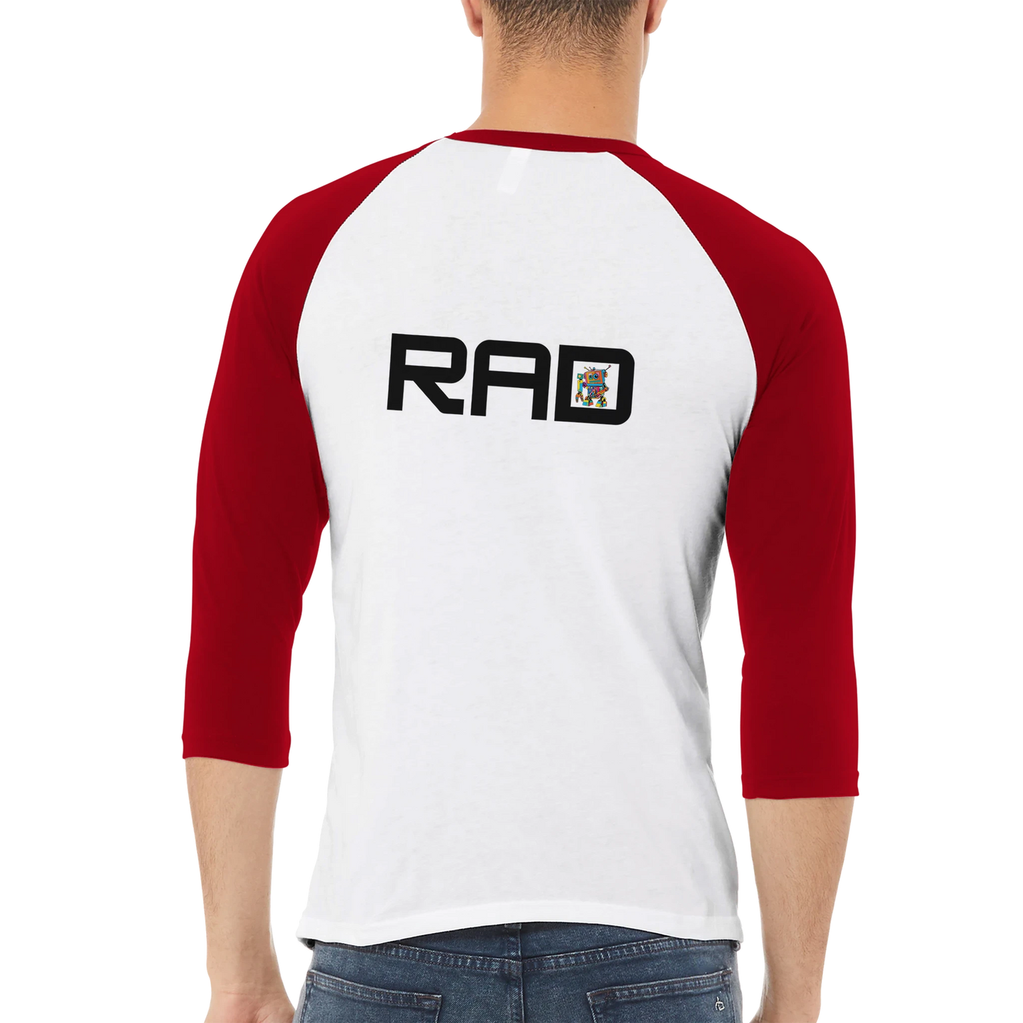 Person wearing a white and red baseball shirt with 'RAD' printed on the back.