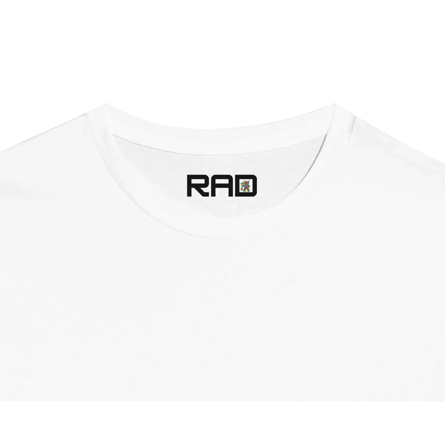 White t-shirt with a black logo on a white background