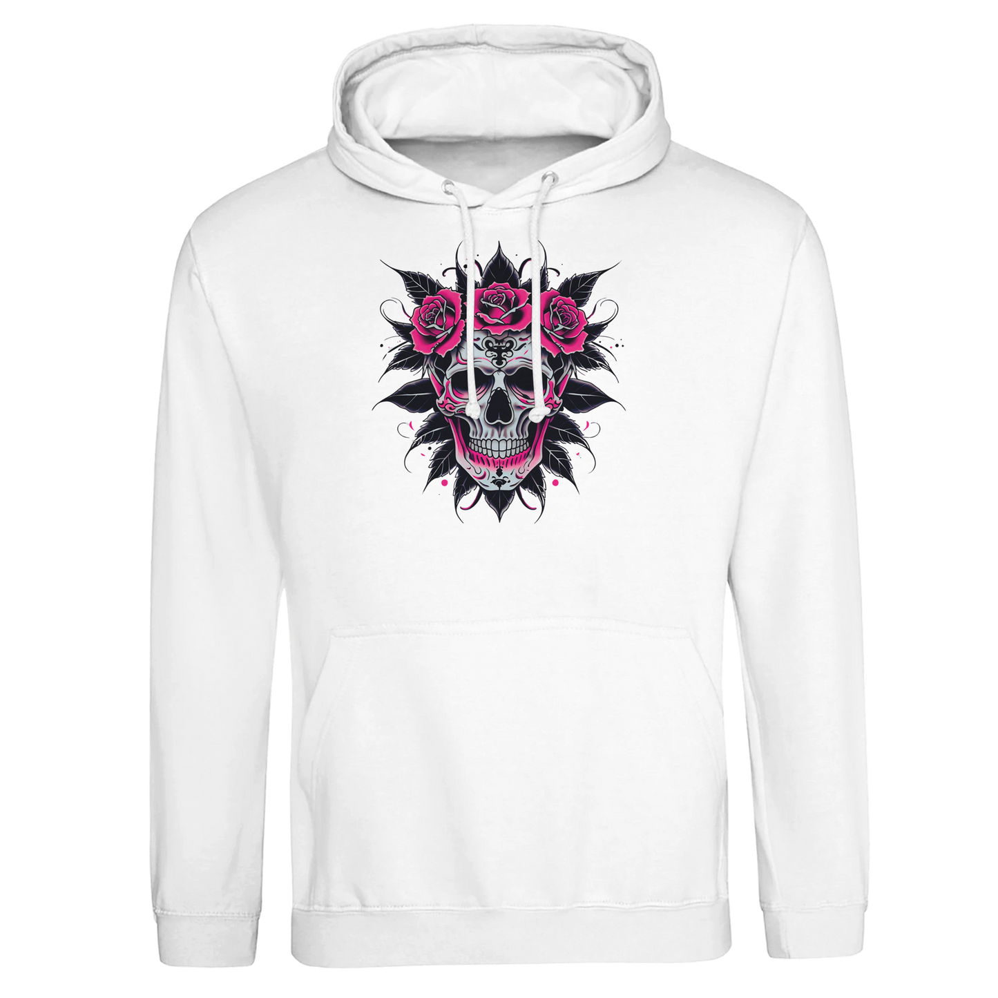 A fitted hoodie with a skull with pink roses and black leaves surround the skull.