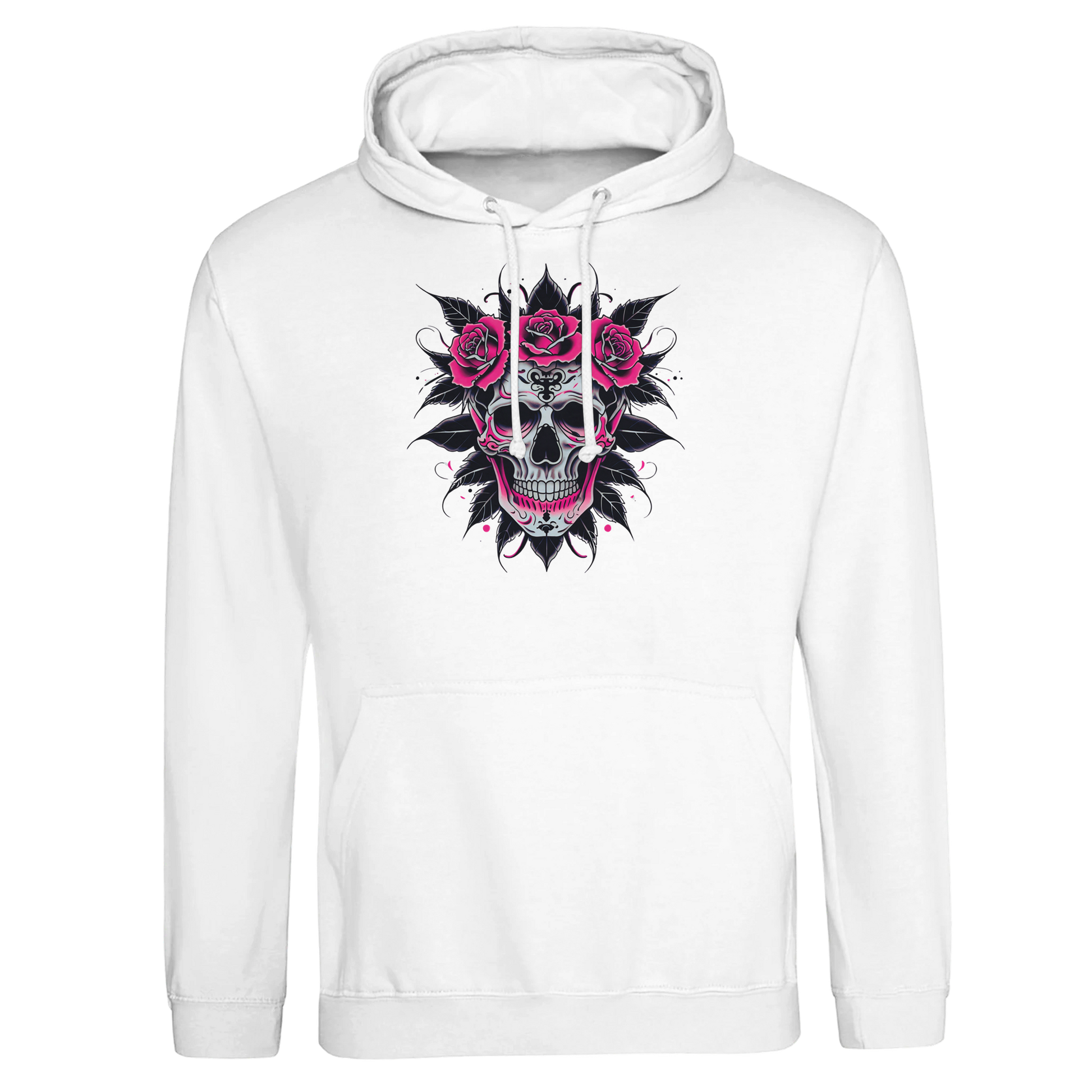 A fitted hoodie with a skull with pink roses and black leaves surround the skull.