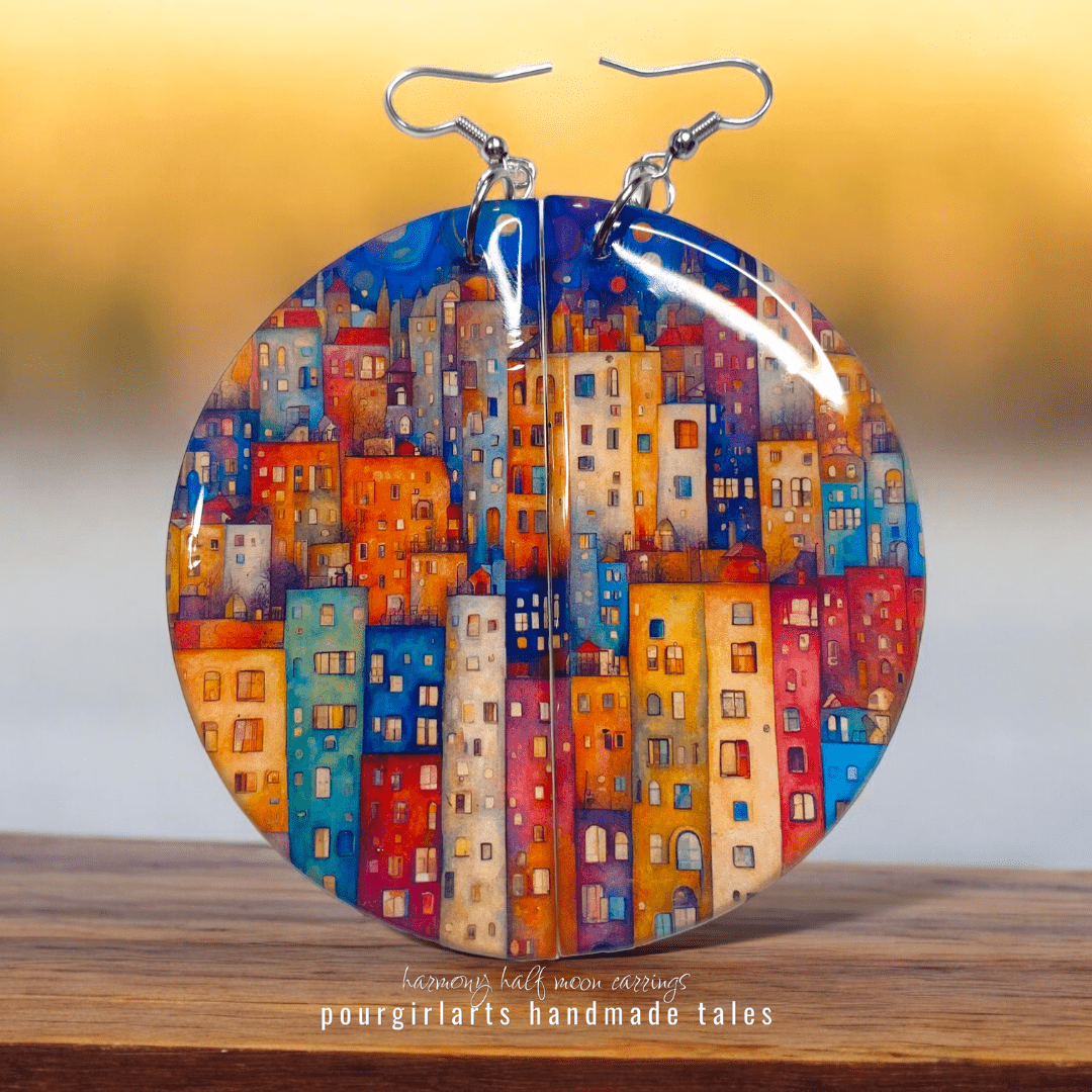 Colorful cityscape earrings on a wooden surface with a blurred background