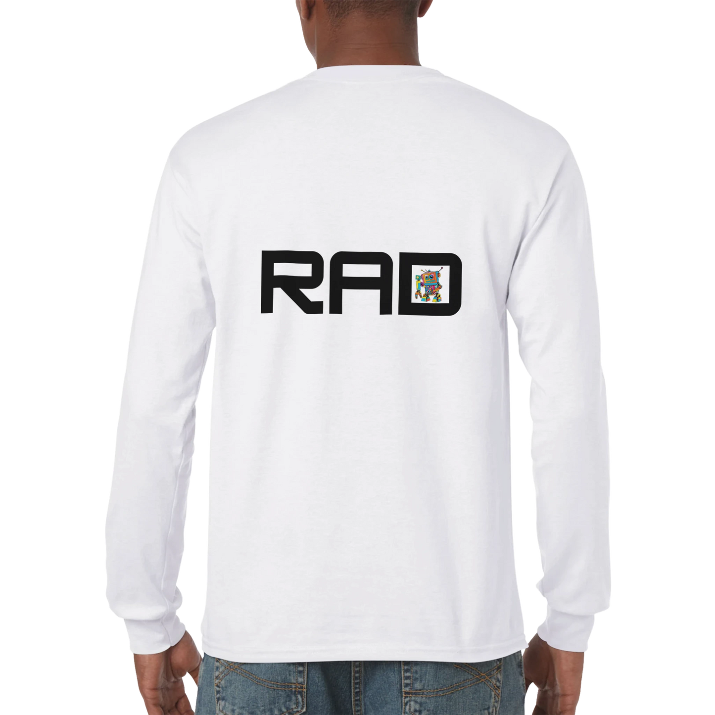 White long-sleeve shirt with 'RAD' logo on the back, worn by a person.