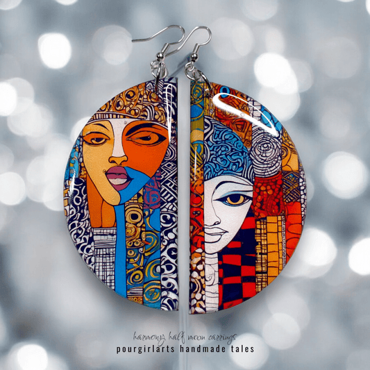 Colorful abstract face earrings on a blurred background