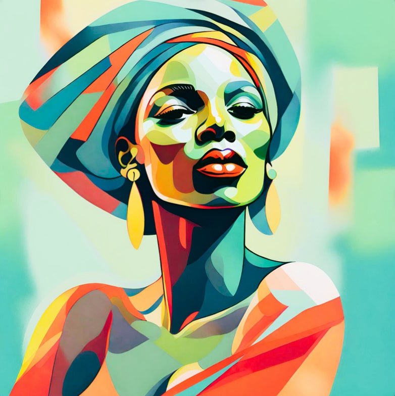 Colorful abstract portrait of a woman with a headscarf on a light green background