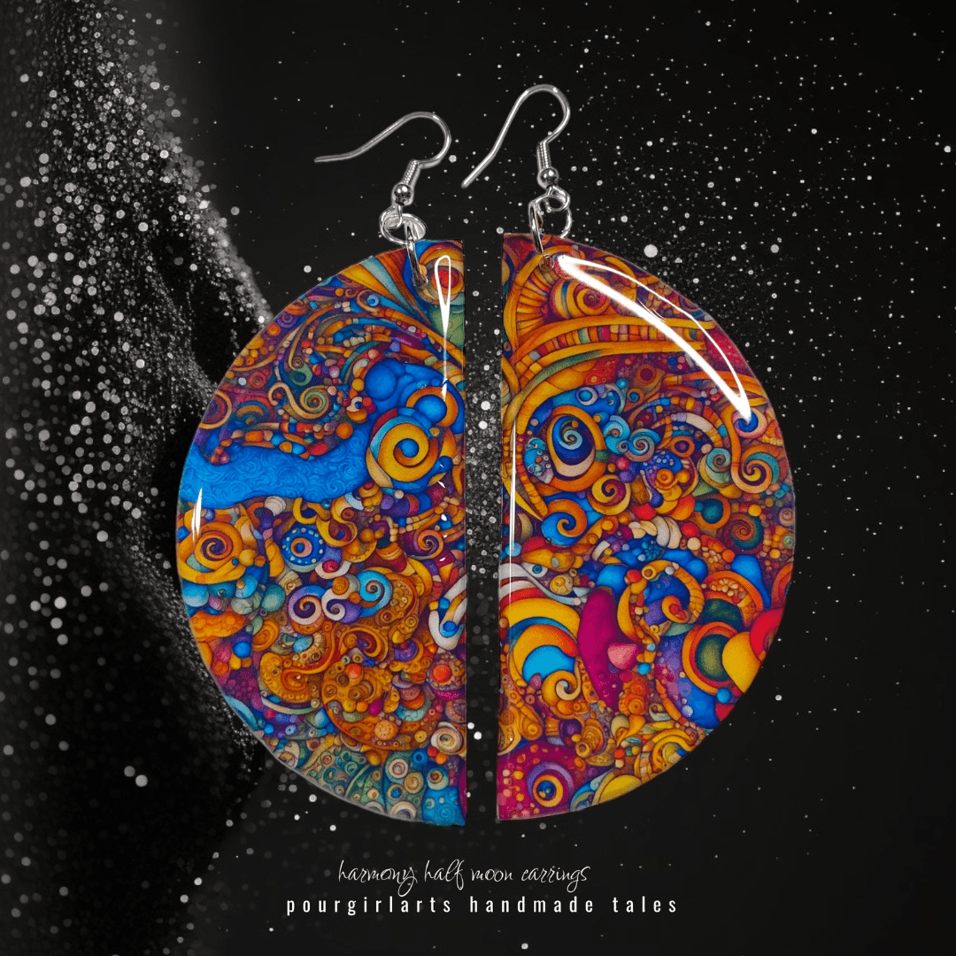Colorful abstract earrings on a black background with star-like dots.