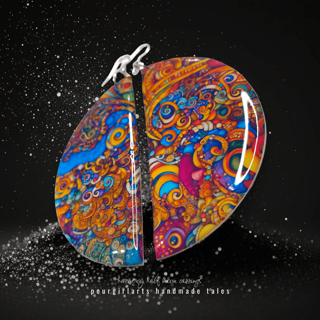 Colorful abstract earrings on a black background with 'pourgirlarts' branding.