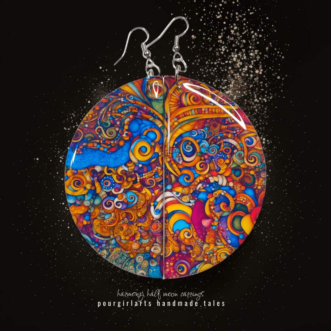 Colorful abstract earrings on a black background with 'pourgirlarts' branding.