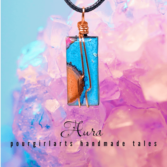 Handmade pendant necklace with a colorful design on a soft, multicolored background