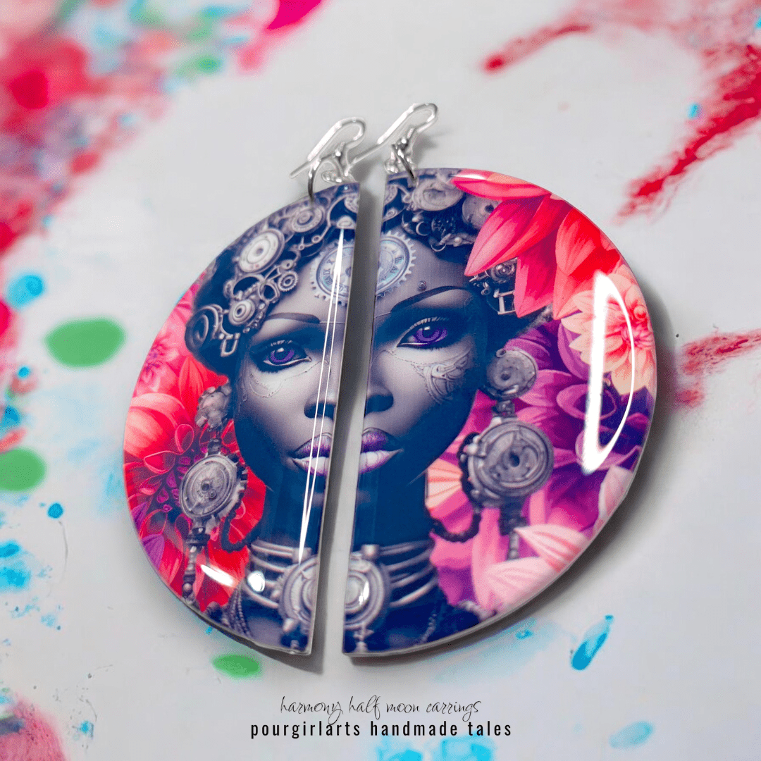 Earrings with a colorful design of a woman's face on a multicolored background