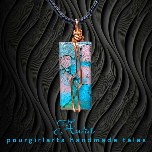 Necklace with a rectangular pendant on a textured black background, featuring the brand 'Aura pourgirlarts'.