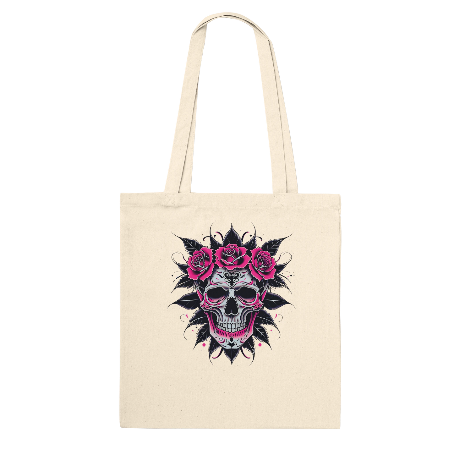 Beige tote bag with a skull and roses design on a white background