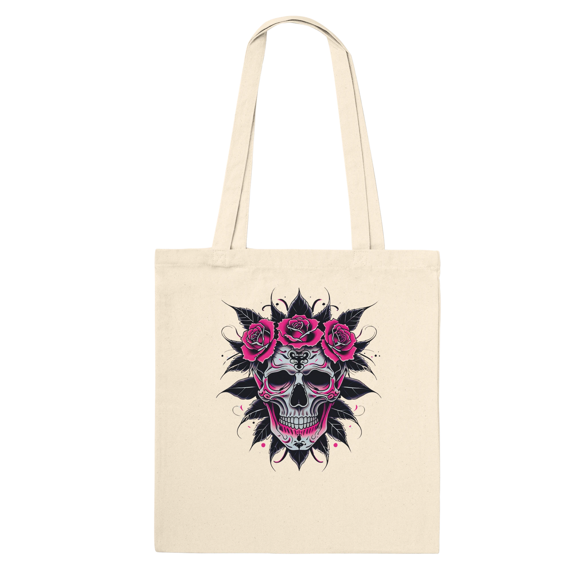 Beige tote bag with a skull and roses design on a white background