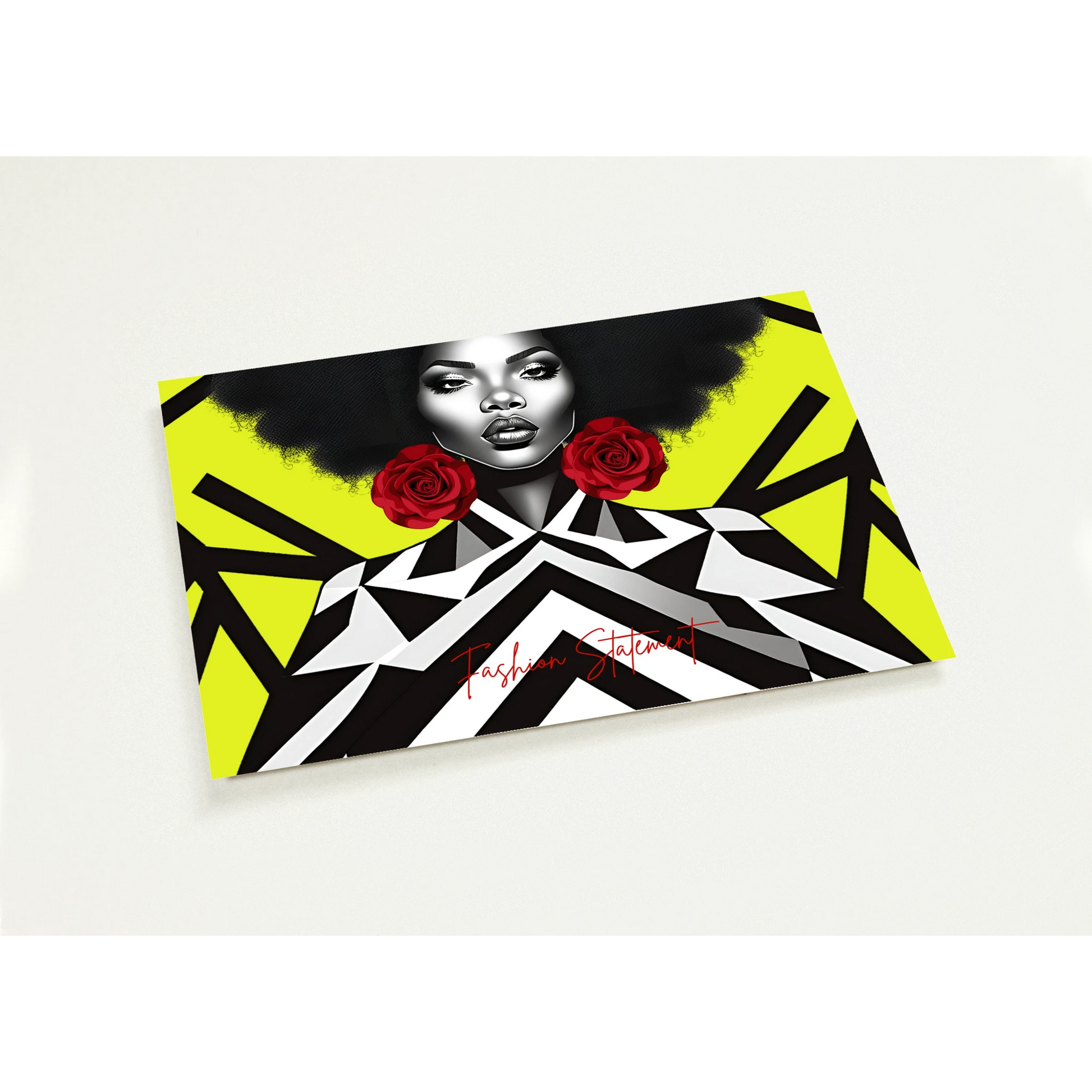 Colorful postcard with geometric design and floral elements on a white background