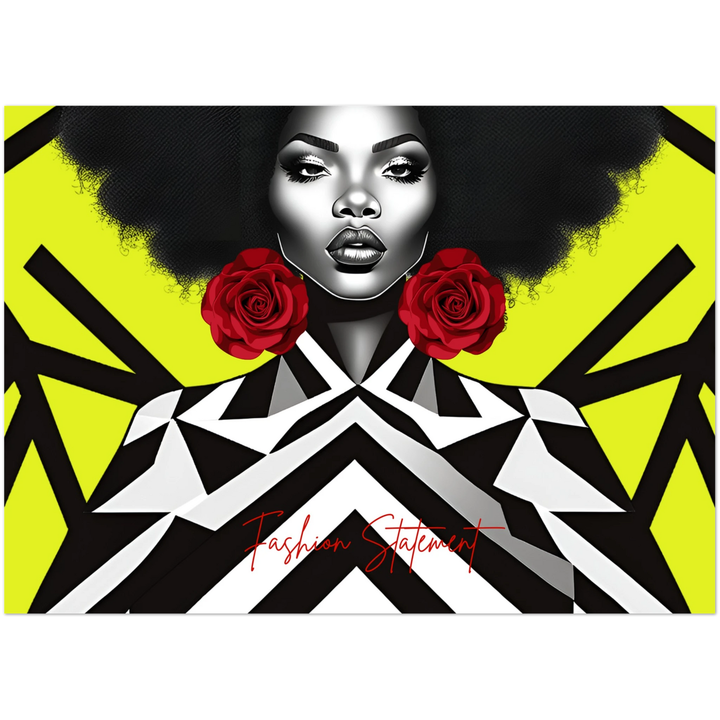 Artistic depiction of a woman with red roses and geometric patterns on a yellow background