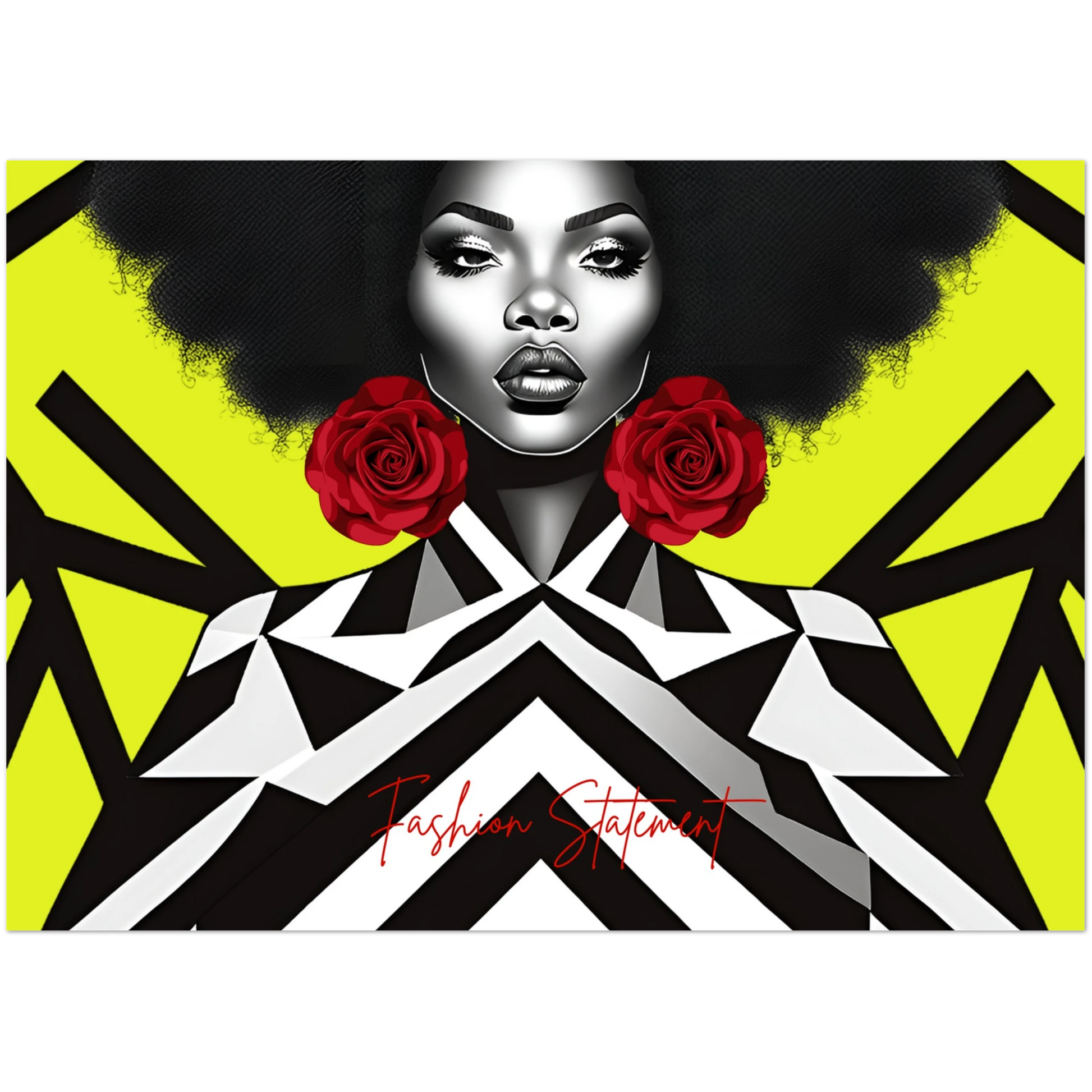 Artistic depiction of a woman with red roses and geometric patterns on a yellow background