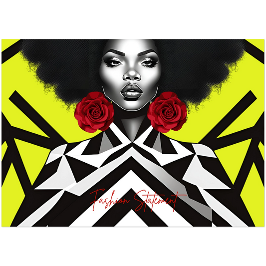 Artistic depiction of a woman with red roses and geometric patterns on a yellow background