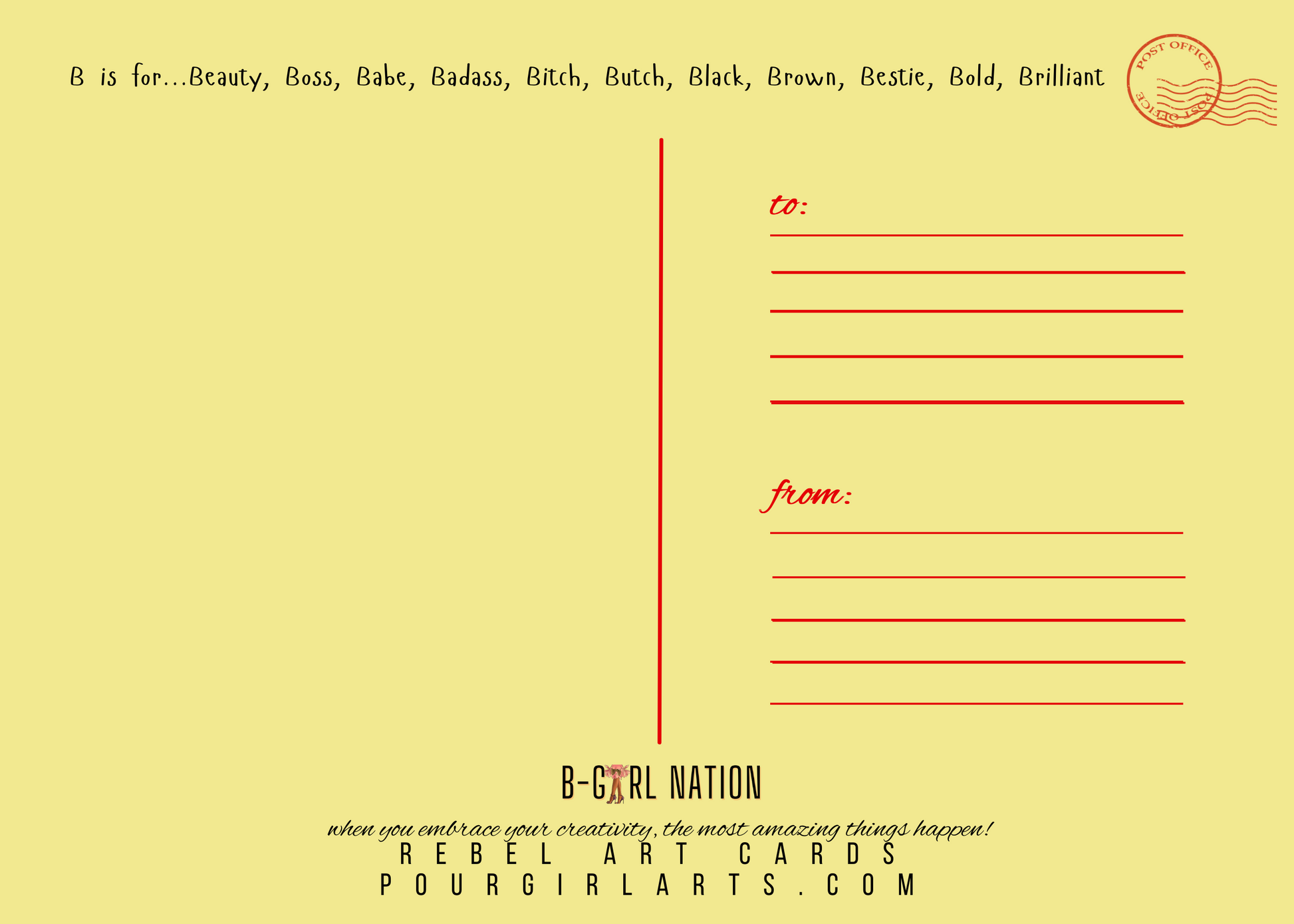 Yellow postcard back with red text and lines for 'to' and 'from', featuring the brand 'B-Girl Nation'.