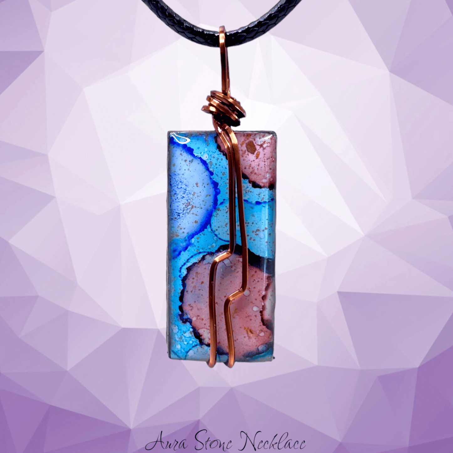 Colorful pendant necklace with a geometric purple background