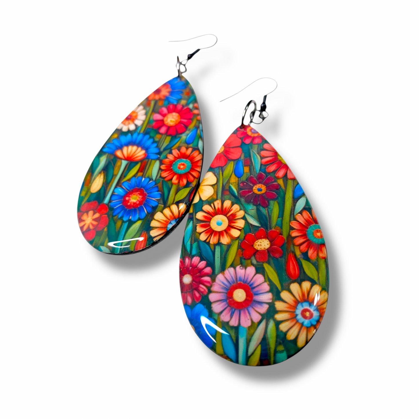 Large teardrop shaped wood earrings with colourful flowers design