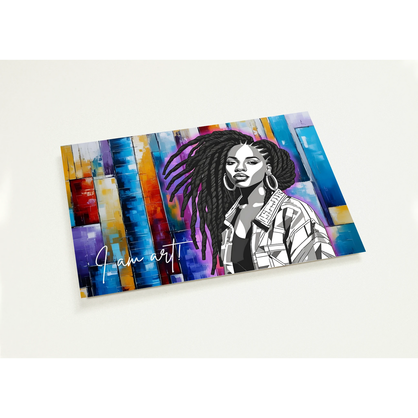Colorful card with a stylized illustration of a woman and text on a white background