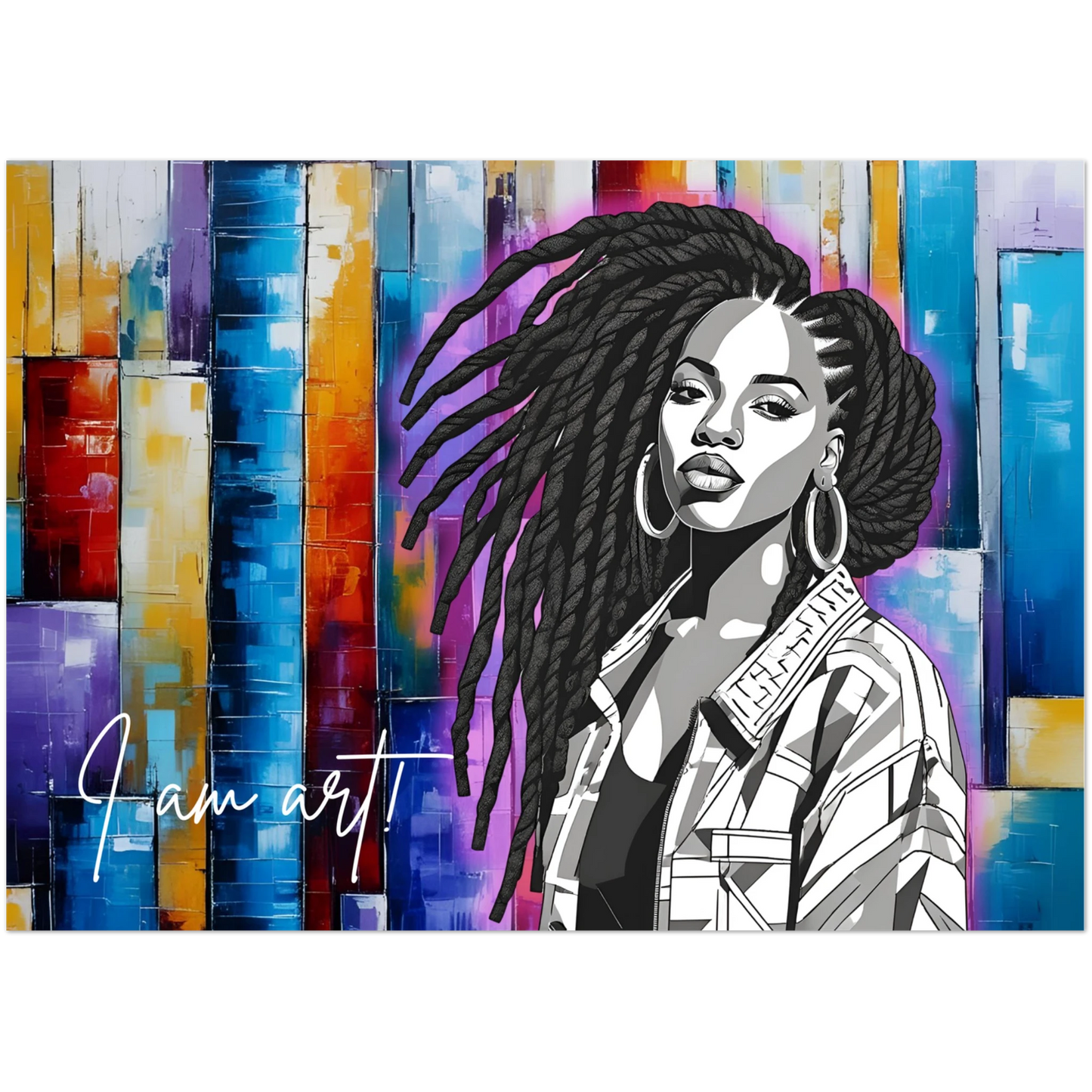 Artistic depiction of a woman with braided hair against a colorful abstract background with 'I am art!' text.