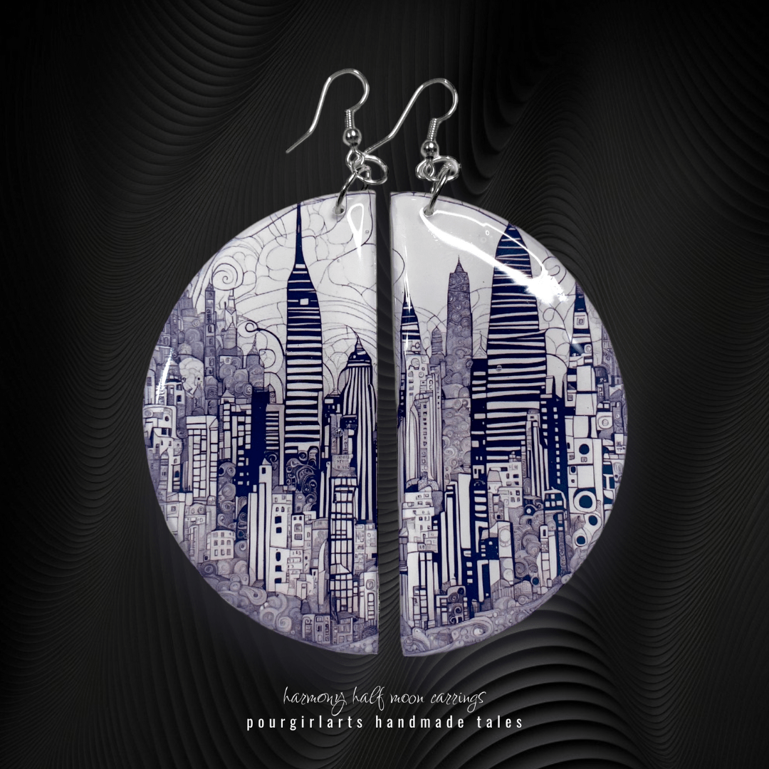 Earrings with cityscape design on a dark background