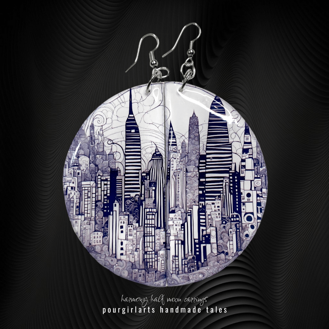 Earrings with a cityscape design on a dark background