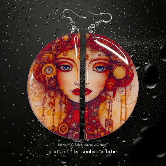 Artistic earrings with a face design on a dark background