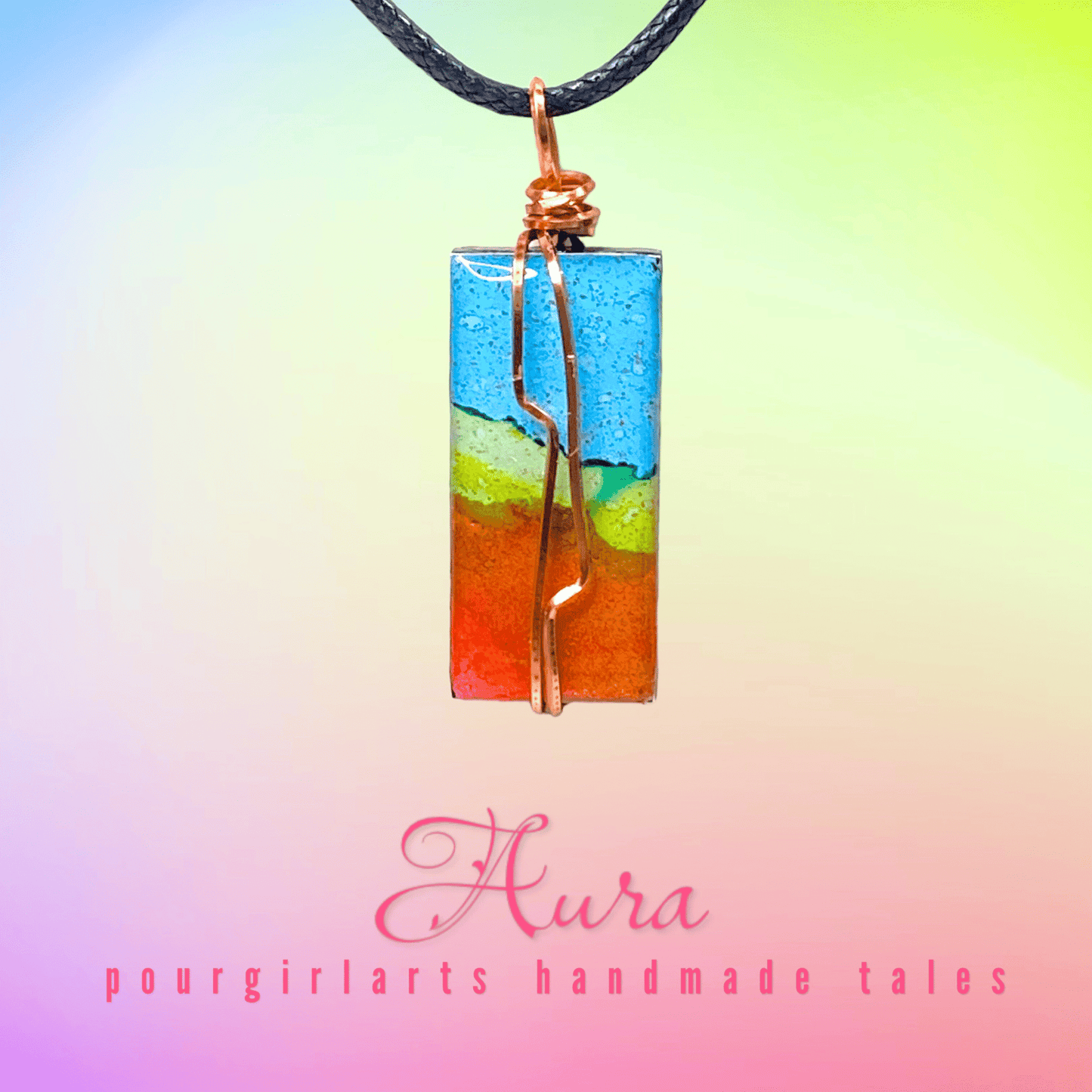 Colorful pendant necklace with a gradient background and 'Aura' branding.