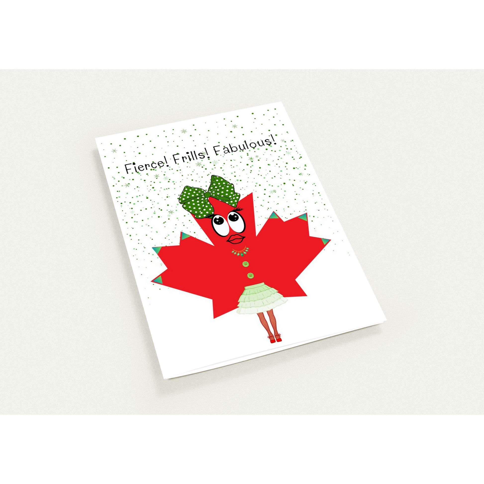 Greeting card with a red leaf character IN A SKIRT AND BOW IN HAIR and text on a white background
