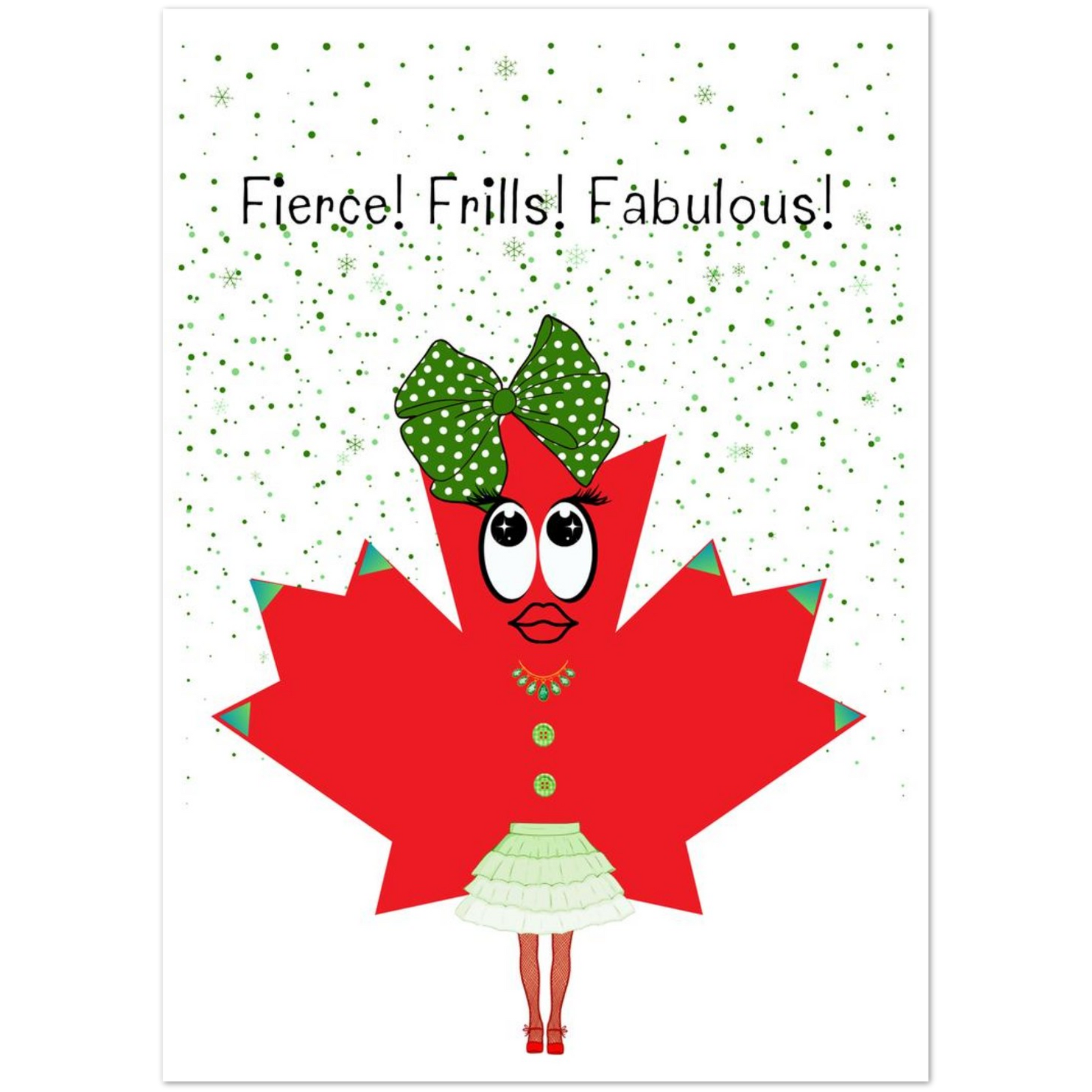 Cartoon character with a red leaf-shaped dress and green polka dot bow on a white background with green dots.