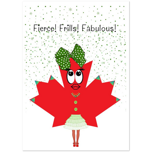 Cartoon character with a red leaf-shaped dress and green polka dot bow on a white background with green dots.