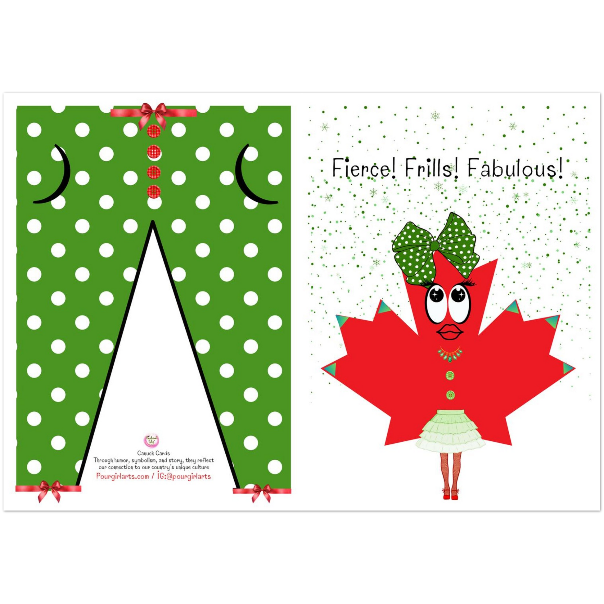 Cartoon character with a red leaf-shaped dress and green polka dot bow on a white background with green dots.
