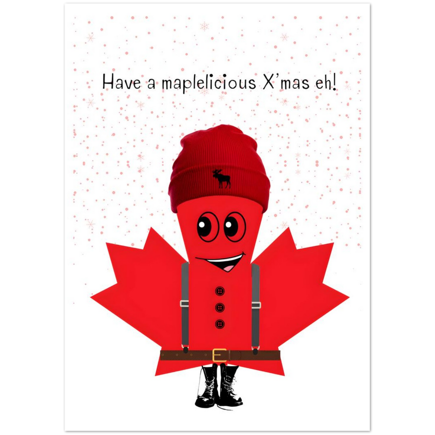 Character in a red maple leaf costume with a beanie, text 'Have a maplelicious X'mas eh!' on a white background.