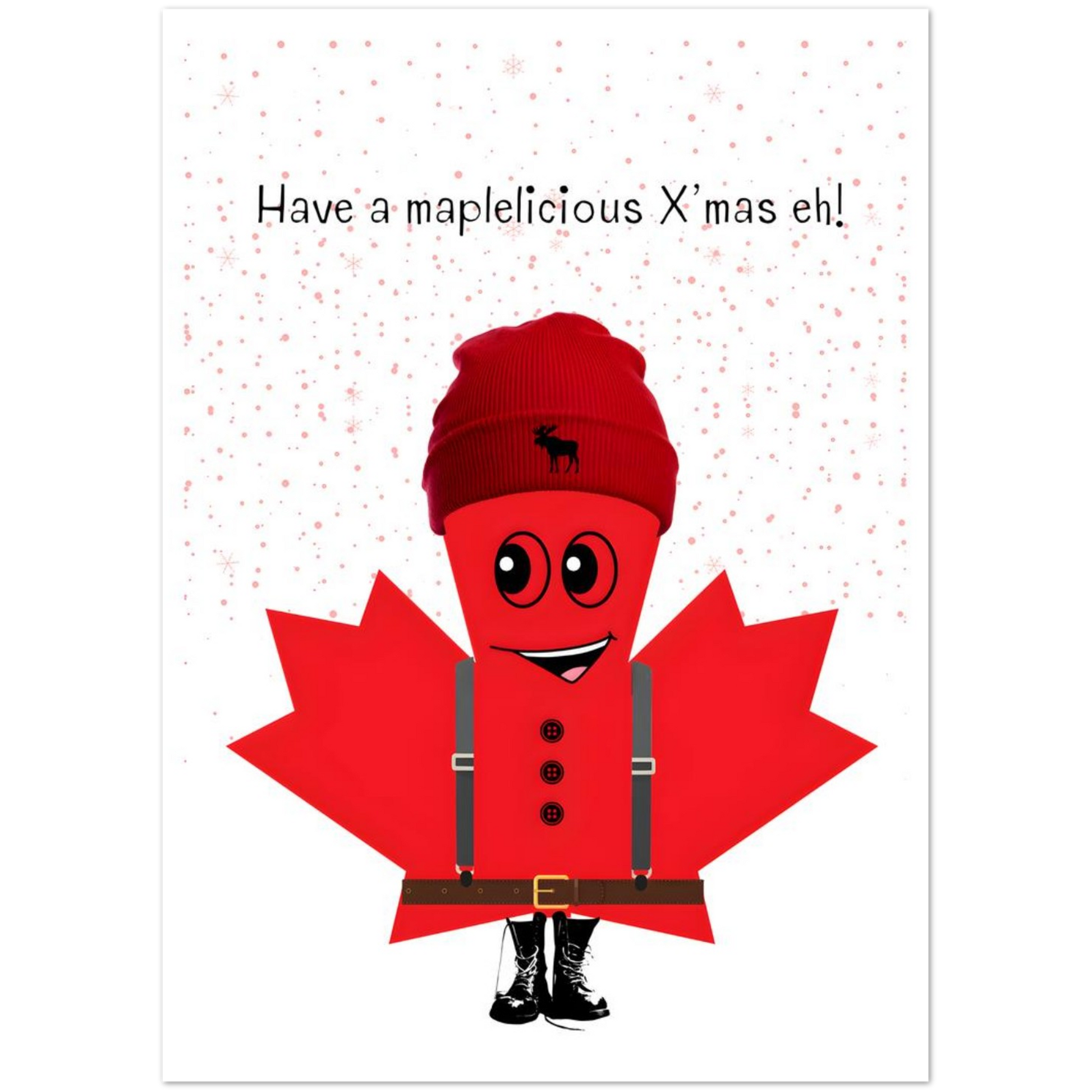 Character in a red maple leaf costume with a beanie, text 'Have a maplelicious X'mas eh!' on a white background.