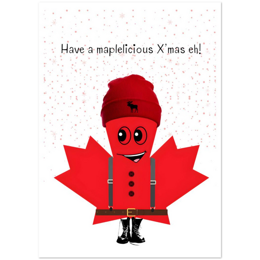 Character in a red maple leaf costume with a beanie, text 'Have a maplelicious X'mas eh!' on a white background.