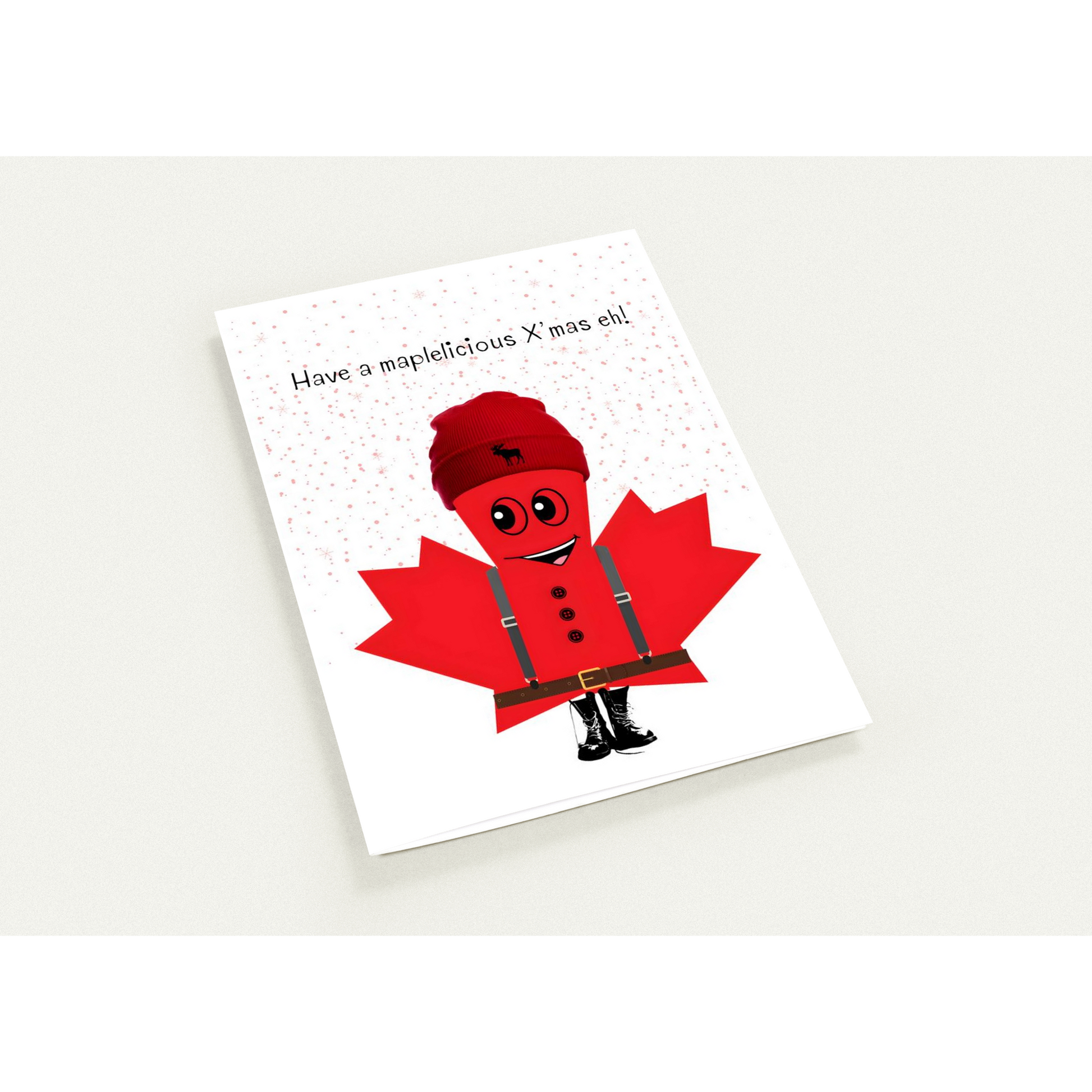 Card with a cartoon character in a red maple leaf costume on a white background