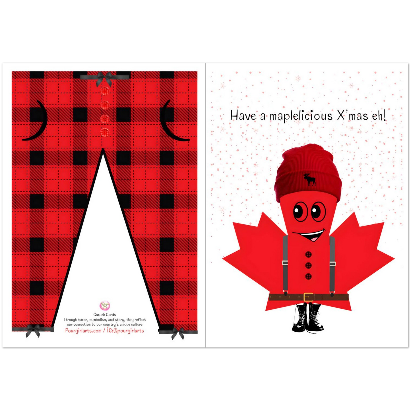 Card with red plaid pants and a cartoon character in a maple leaf outfit with text 'Have a maplelicious X'mas eh!'.