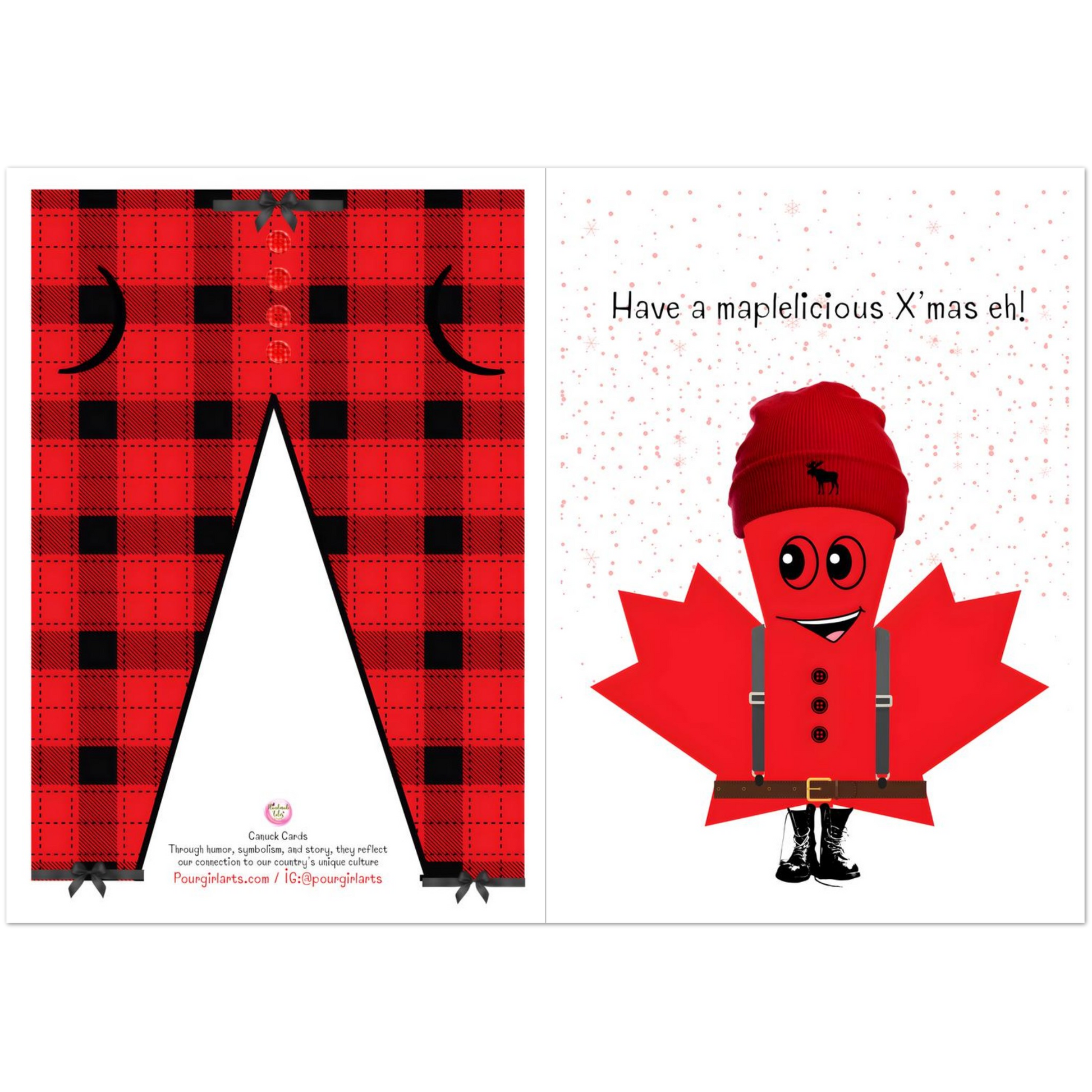 Card with red plaid pants and a cartoon character in a maple leaf outfit with text 'Have a maplelicious X'mas eh!'.