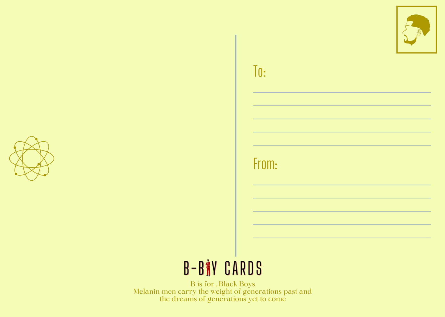 Yellow BACK OF POSTCARD with 'B-Boy Cards' branding and text.