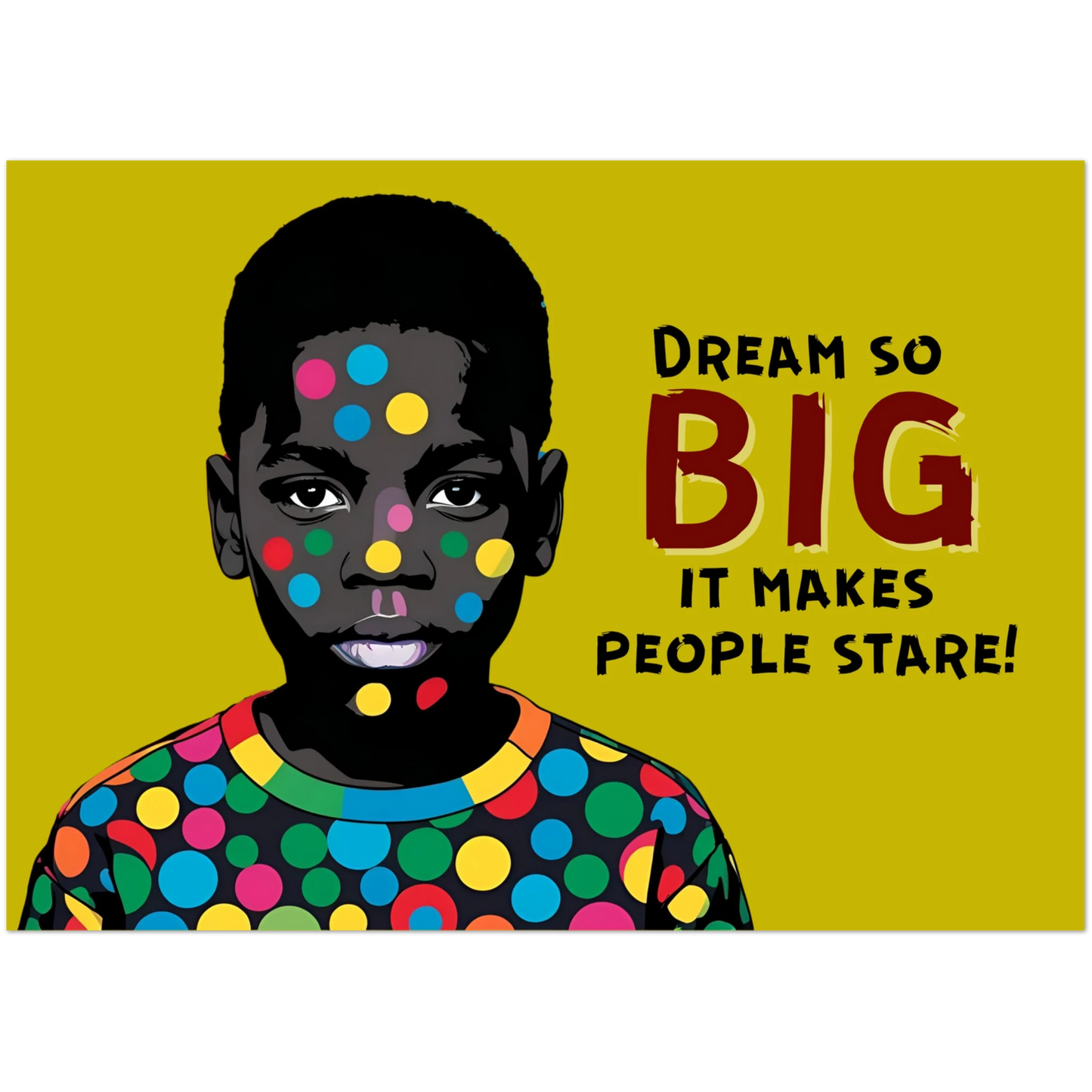 Illustration of a child with colorful polka dot face paint on a yellow background with text.