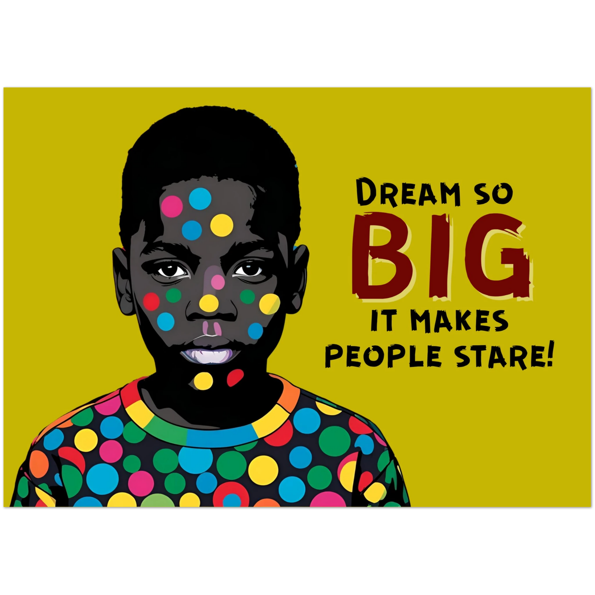 Illustration of a child with colorful polka dot face paint on a yellow background with text.