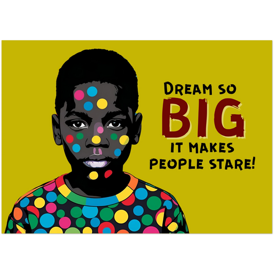 Illustration of a child with colorful polka dot face paint on a yellow background with text.