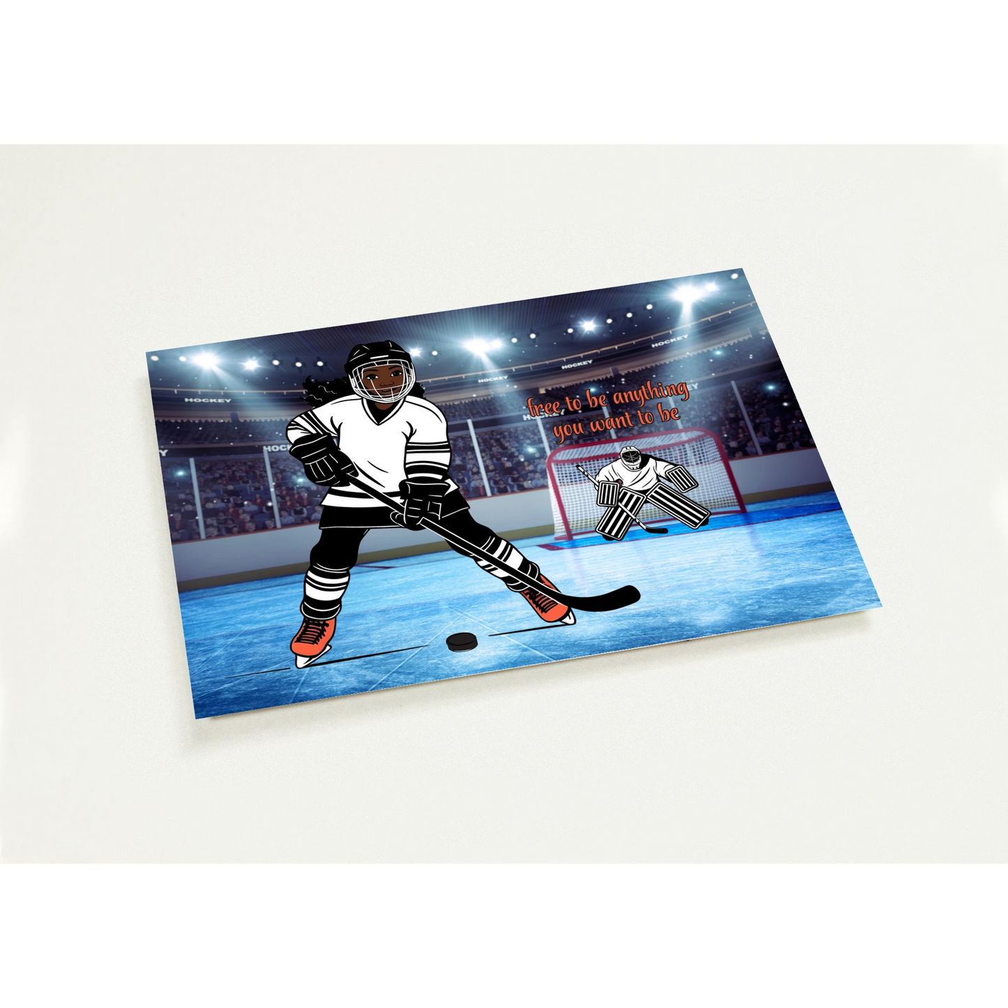 YOUNG GIRL PLAYING HOCKEY IN AN INDOOR ARENA 