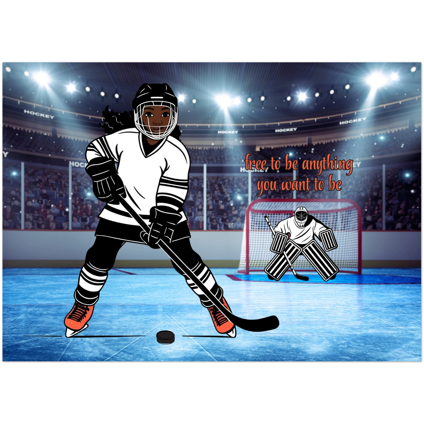 YOUNG GIRL PLAYING HOCKEY IN AN INDOOR ARENA