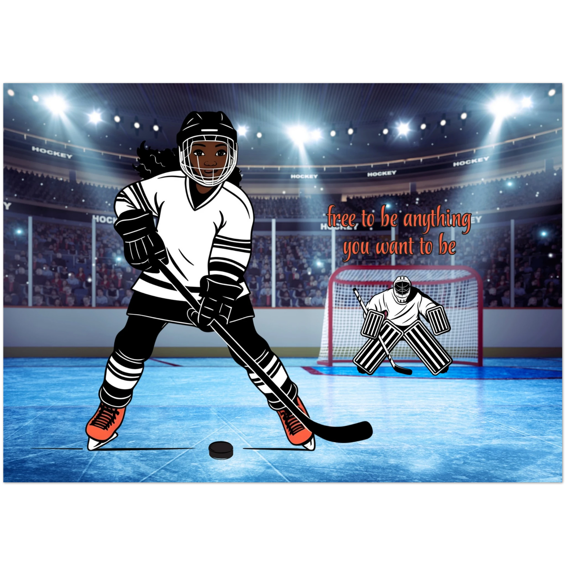 YOUNG GIRL PLAYING HOCKEY IN AN INDOOR ARENA