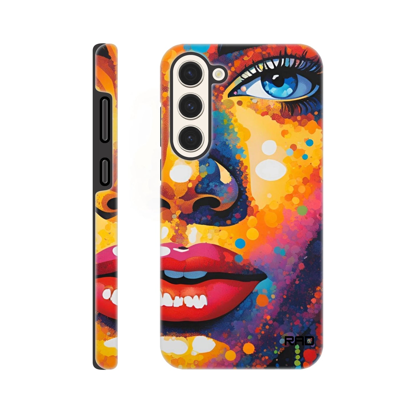 Phone case with colorful abstract design on a white background