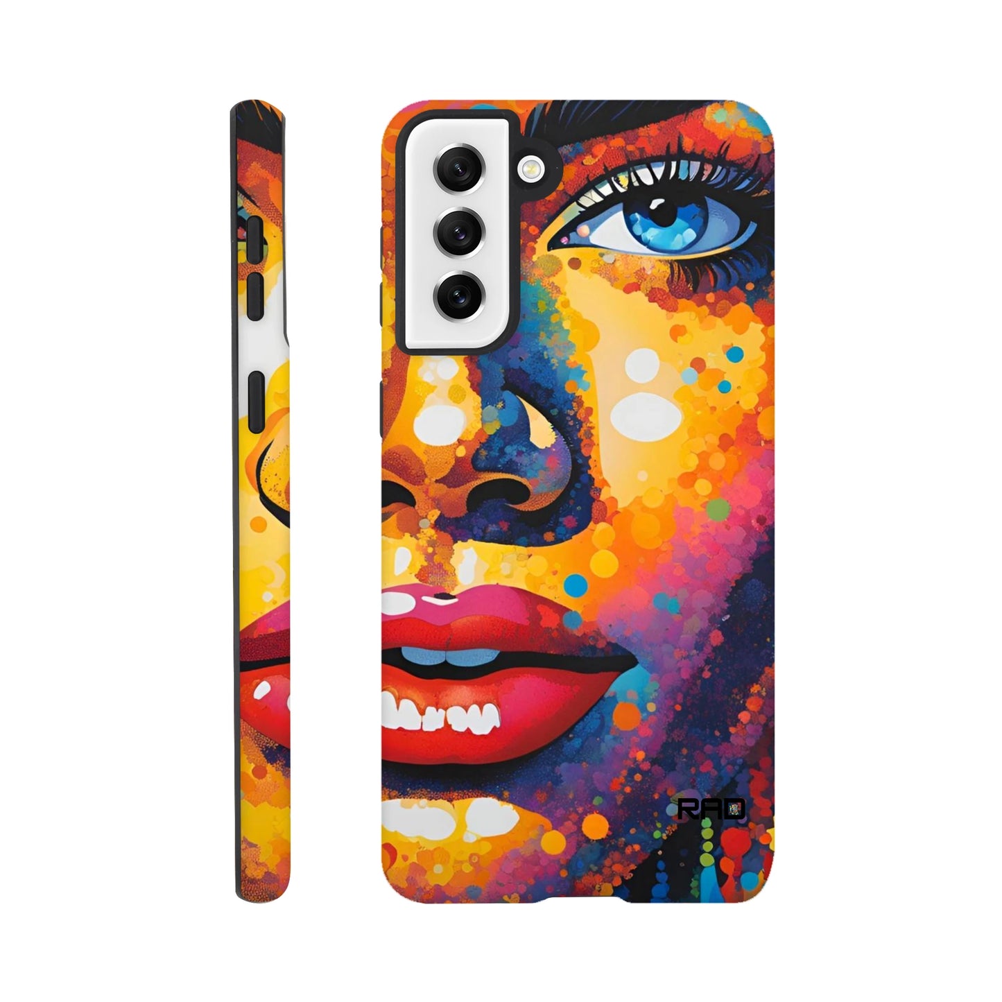 Phone case with a colorful abstract design of a face on a white background